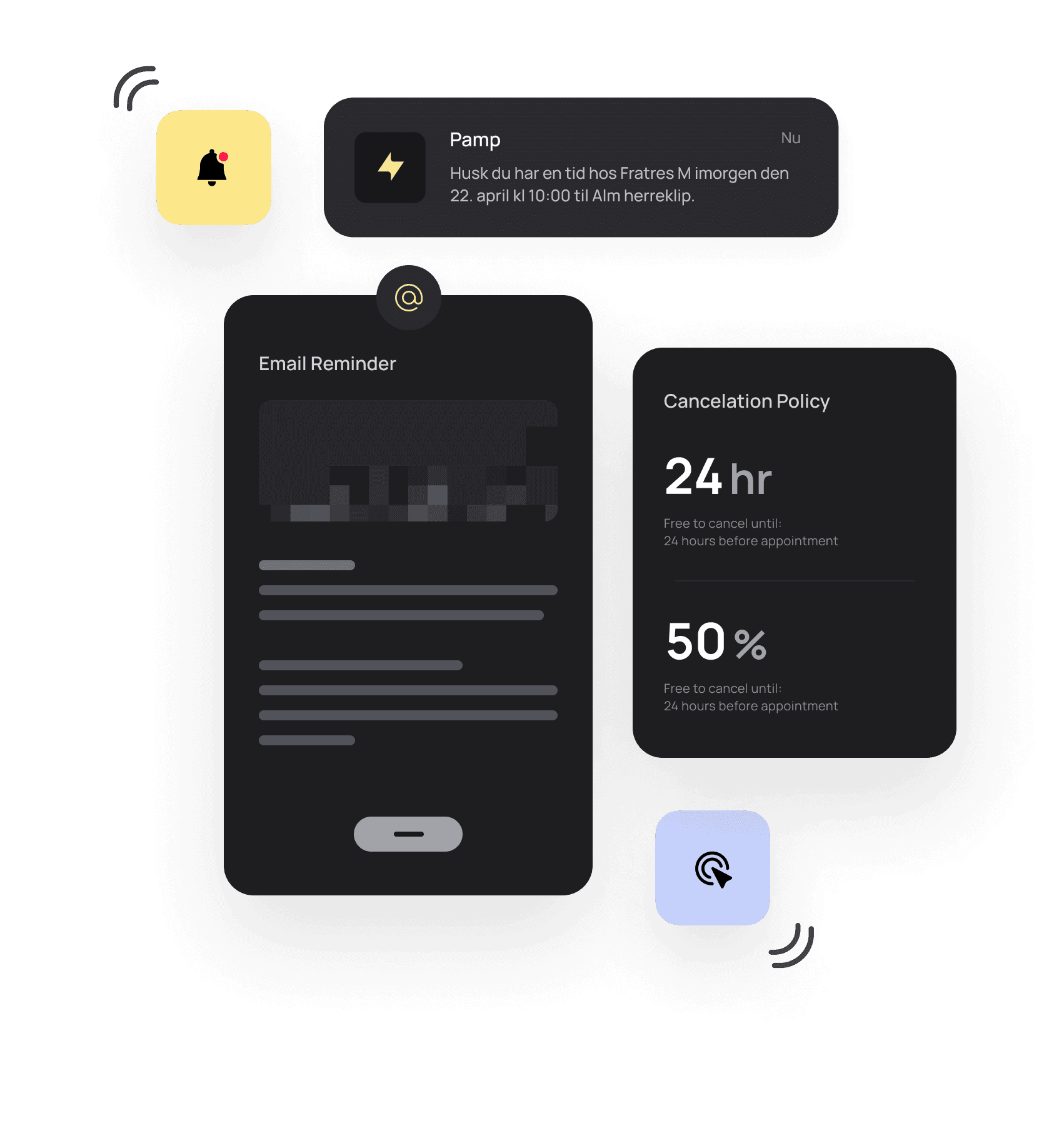 Automatiske påmindelser på SMS, push og email. Pamp booking.